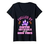 Donna Funny Coffee Crystals And Good Vibes Witch Citazione Halloween Maglietta con Collo a V