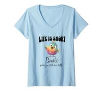 Donna Funny Colorful Bird Shirt Cute Bird Humor Tee Life Is Short Maglietta con Collo a V