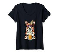 Donna Funny Corgi Party Animal Birra & Occhiali da Sole Compleanno Cane Maglietta con Collo a V