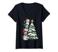 Donna Funny Crazy Snowmen Topper Stack Decorating Christmas Tree Maglietta con Collo a V
