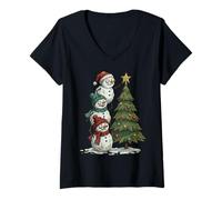 Donna Funny Crazy Snowmen Topper Stack Decorating Christmas Tree Maglietta con Collo a V