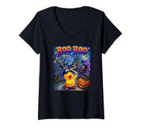 Donna Funny Duck Halloween Starry Night Witch Pumpkin Art Maglietta con Collo a V
