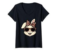 Donna Funny Easter Bunny Face Leopard Bow & Glasses Girls Women Maglietta con Collo a V
