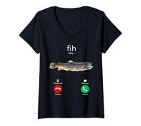 Donna Funny Fish Calling Phone Screen Meme Design Maglietta con Collo a V
