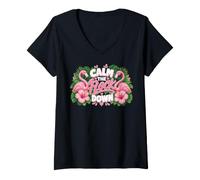Donna Funny Flamingo Calm The Flock Down Beach Tropical Summer Pun Maglietta con Collo a V