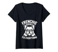 Donna Funny Frenchie Dog Kisses Fix Everything Bulldog francese Maglietta con Collo a V