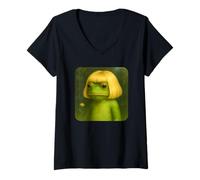 Donna Funny Frog with a Bob Haircut Blond Frog Meme Wig Maglietta con Collo a V
