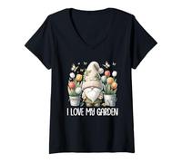 Donna Funny Gardener Gnome Floral Tulip Flower I Love My Garden Maglietta con Collo a V