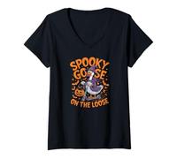 Donna Funny Geese Crazy Spooky Goose Run Halloween Ghost Maglietta con Collo a V