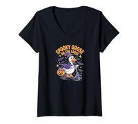 Donna Funny Geese Crazy Spooky Goose Run Halloween Ghost Maglietta con Collo a V