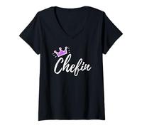 Donna Funny German Saying Chefin Boss Purple Pink Crown Maglietta con Collo a V