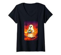 Donna Funny Ghost Beach Volleyball Player Halloween Volleyball Maglietta con Collo a V