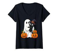 Donna Funny Ghost Cat Pumpkin Halloween Children's Uomo Donna Maglietta con Collo a V