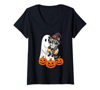 Donna Funny Ghost Racoon Pumpkin Halloween Children's Uomo Donna Maglietta con Collo a V