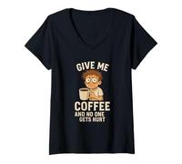 Donna Funny Give Me Coffee - Citazione Grafica Maglietta con Collo a V