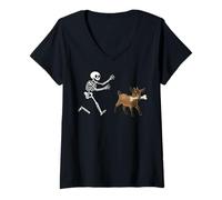Donna Funny Goat Running Skeleton Halloween Maglietta con Collo a V