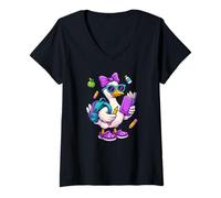 Donna Funny Goose Coquette Bow Back To School Teacher Girls Maglietta con Collo a V