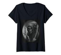 Donna Funny Grim Reaper Cat Dark Humor Halloween Graphic Men Maglietta con Collo a V