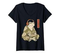 Donna Funny Grumpy Frog Japanese Art Ukiyo-e Maglietta con Collo a V
