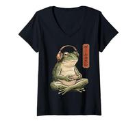 Donna Funny Grumpy Frog Japanese Art Ukiyo-e Maglietta con Collo a V