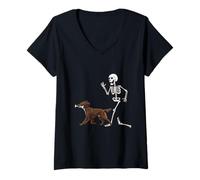 Donna Funny Halloween Boykin Spaniel And Skeleton Maglietta con Collo a V