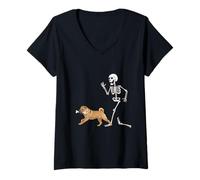 Donna Funny Halloween Chinese Shar-Pei And Skeleton Maglietta con Collo a V