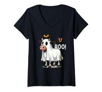 Donna Funny Halloween Cow Ghost Boo Spooky Farmer Maglietta con Collo a V