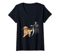 Donna Funny Halloween Golden Retriever Dog And The Reaper Maglietta con Collo a V