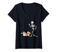 Donna Funny Halloween Pekingese And Skeleton Maglietta con Collo a V