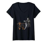 Donna Funny Halloween Rottweiler Dog And The Reaper Maglietta con Collo a V