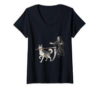 Donna Funny Halloween Siberian Husky Dog And The Reaper Maglietta con Collo a V