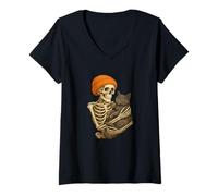 Donna Funny Halloween Skeleton Hugging Black Cat Spooky Maglietta con Collo a V