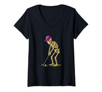 Donna Funny Halloween Skeleton Playing Golf Golfer Dad Maglietta con Collo a V