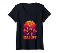 Donna Funny Halloween Workout Deadlift Skeleton Gym Fitness Coach Maglietta con Collo a V