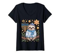 Donna Funny Hanukkah Jewish Sloth Menorah Star Dreidel Maglietta con Collo a V