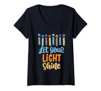 Donna Funny Hanukkah Let Your Light Shine Menorah Adulti Bambini Maglietta con Collo a V