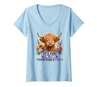 Donna Funny Highland Cow It's Fine I'm Fine Everything is Fine Maglietta con Collo a V