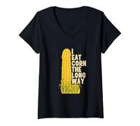 Donna Funny I Eat Corn The Long Way Inappropriate Retro Vintage Maglietta con Collo a V