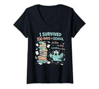 Donna Funny I Survived 100 Days of School Maglietta con Collo a V