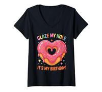Donna Funny It's My Birthday Glaze Donut Heart Maglietta con Collo a V