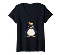Donna Funny Kingdom Penguin porta l'umorismo con la corona Maglietta con Collo a V