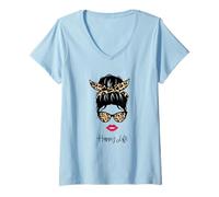Donna Funny Lady Leo Print Rockabily Style Retro Donna Happy Life Maglietta con Collo a V