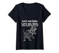 Donna Funny Let's Eat Kids Punteggiatura Salva Vite Grammatica Insegnante Maglietta con Collo a V