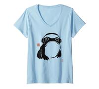 Donna Funny Matsumoto Hoji Grumpy Frog Cuffie Music Art Maglietta con Collo a V