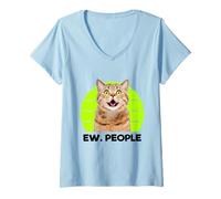 Donna Funny Meow Surprised Cat, EW. People Illustration Graphic Maglietta con Collo a V