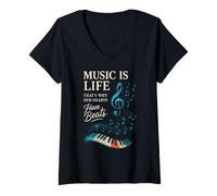 Donna Funny Music Is Life Thats Why Our Hearts Have Beats Piano Maglietta con Collo a V
