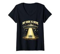 Donna Funny My Ride Is Here UFO, Fan di Alien Believer Space Craft Maglietta con Collo a V