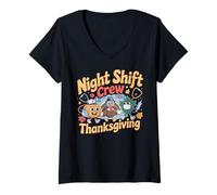 Donna Funny Night Shift Crew Thanksgiving Nurse Maglietta con Collo a V