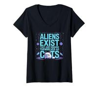 Donna Funny Outer Space Cat - Gli Alieni esistono travestiti da Gatti Maglietta con Collo a V