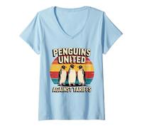 Donna Funny Penguins Against Tariffs Protest Retro Sunset Maglietta con Collo a V